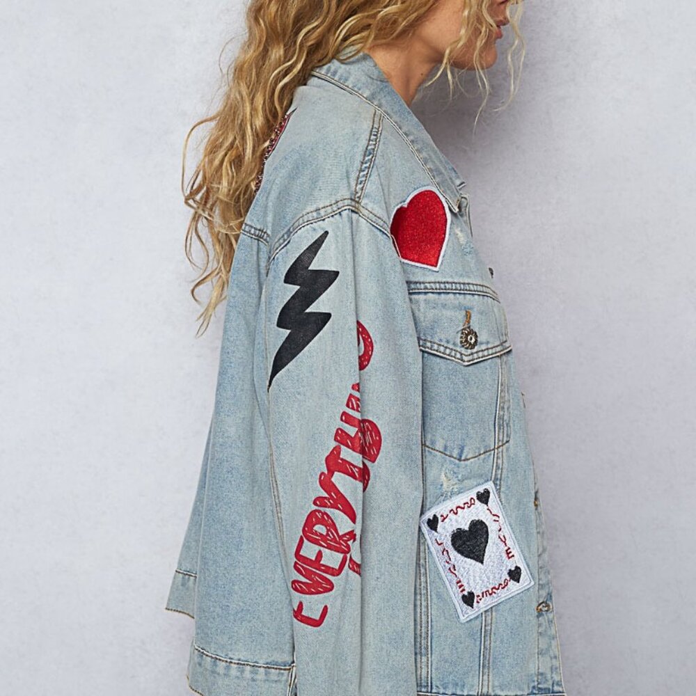 New Pol Patchwork Blue Denim Jacket Patchwork Love Hearts Relaxed Fit Cotton - Picture 7 of 13